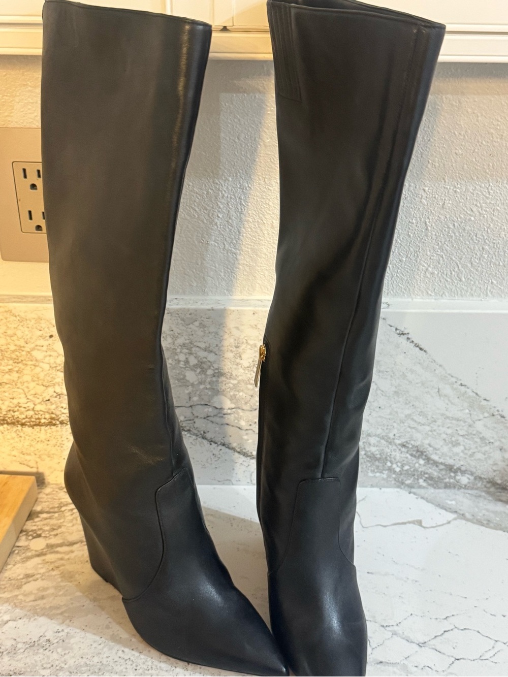 Michael Kors Women's Black Leather Knee-High Pointed-Toe Wedge Boots